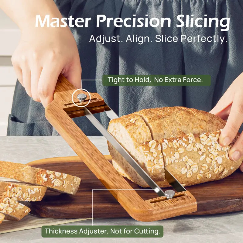 Adjustable Bread Cutter with Scale – Smooth Serrated Steel Blade, Bamboo Handle, Multi-Functional Kitchen Cutting Utensil & Gadget