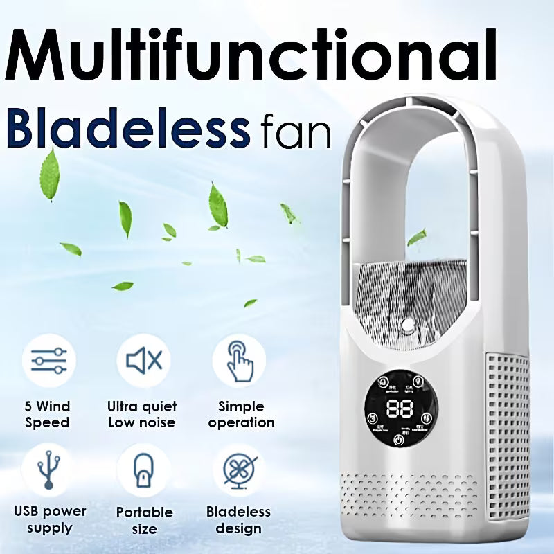 Portable Bladeless Tower Fan – Water Mist Cooling & Timer