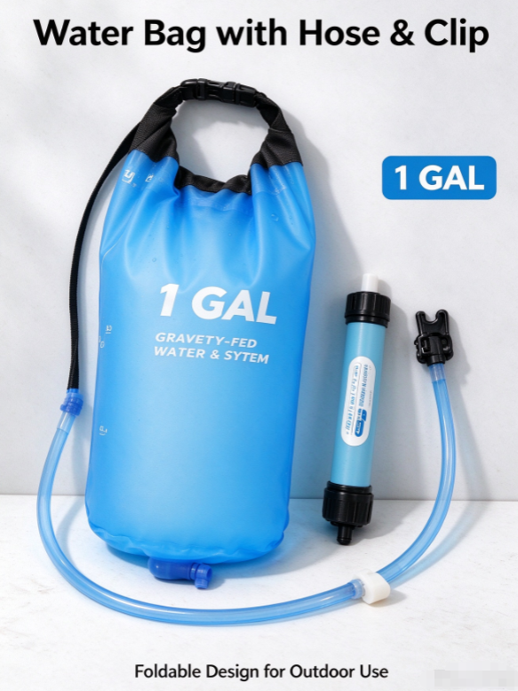 Gravity Water Bag 1 Gallon – Collapsible Camping Filter Bag with Hose & Clip for Hiking & Survival