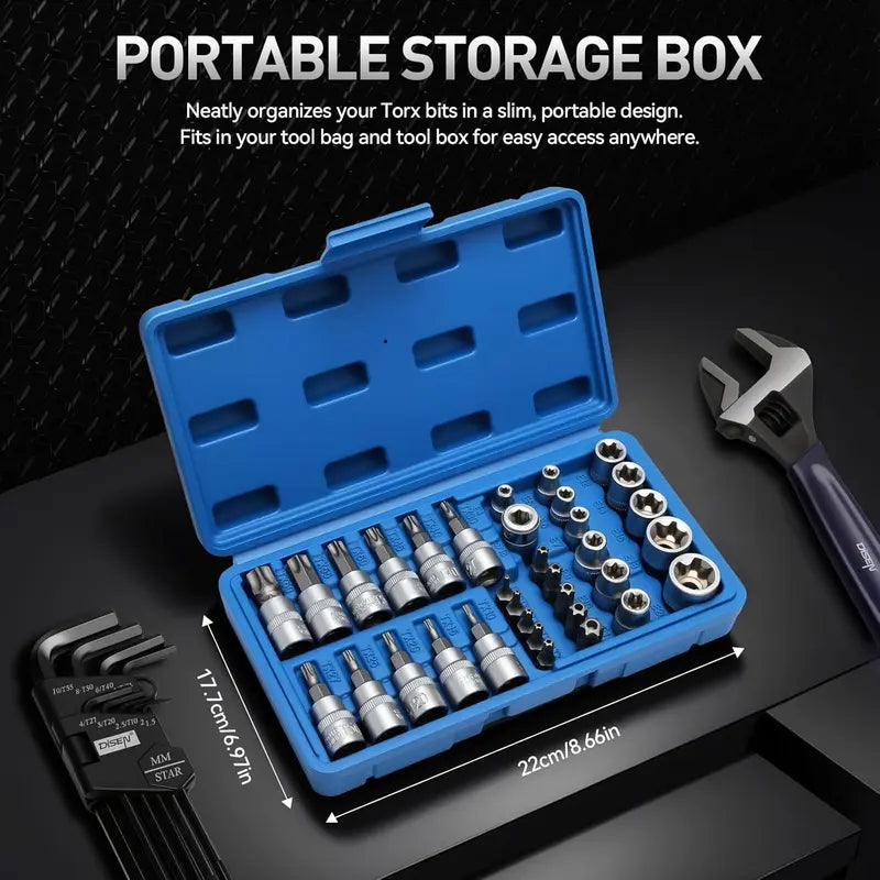 34-Piece 3/8-Inch Drive Torx Bit Socket Set - CR-V E Socket E4-E20, S2 Torx T10-T60, Tamper Proof TT10-TT55 with Adapter
