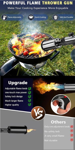 Propane Torch Gun with Safety Lock, Portable Kitchen Blow Torch for BBQ, Steak Searing, Charcoal Ignition (Propane Tank Not Included)