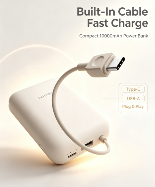 10000mAh Power Bank with Built-in Cable - 22.5W Two-Way Fast Charging, Compact Pocket Size