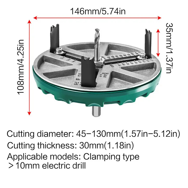 Adjustable Round Hole Opener – 45-130mm Diameter, Replaceable Cutter, Universal Power Tool Accessory, Heavy Duty for Drilling