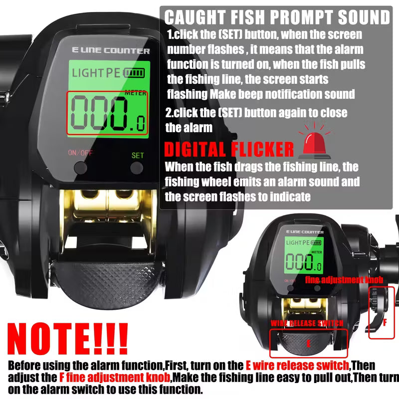 SAMOLLA Digital Display Fishing Reel – Real-Time Line Length, Fish Alarm, 7.2:1, 10kg Brake, USB Charging