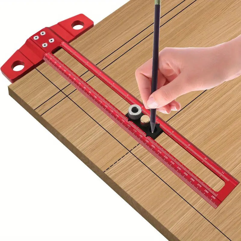 2-in-1 Woodworking Drilling & Positioning Scriber Ruler – Aluminum Alloy Marking T-Square, Multifunctional Dowelling Jig with 6/8/10mm Drill Sleeves, Measuring Tool