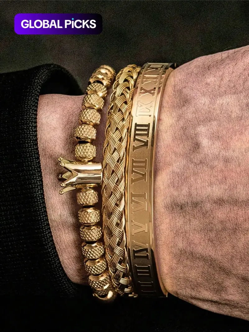Elegant Men's Braided Bracelet – Crown & Roman Numeral Decor, Fashionable Accessory for Party & Daily Styling, Great Birthday Gift