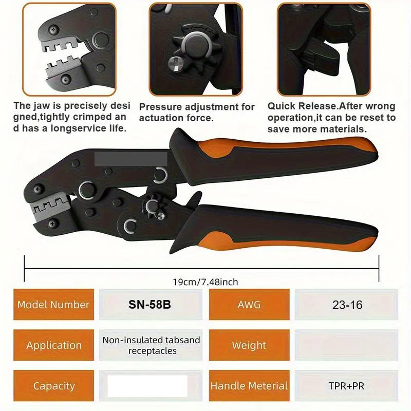 600-Piece SN-58B Ratchet Crimping Pliers Set – DIY Hand Tool Kit for AWG 23-16 Terminals, Includes 2.8/4.8/6.3mm Male/Female Clamp Connectors & Wire Cutters