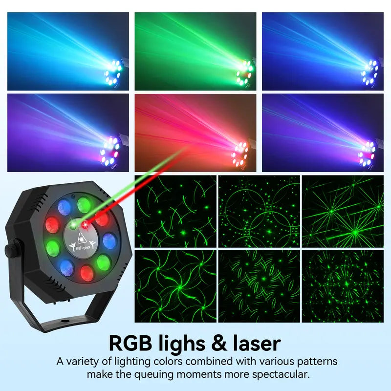 DJ Laser Party Projector - Adjustable RGB Lighting, 9 LED Strobes, Sound Sync and Remote Control for Bar, Stage and Dance Events