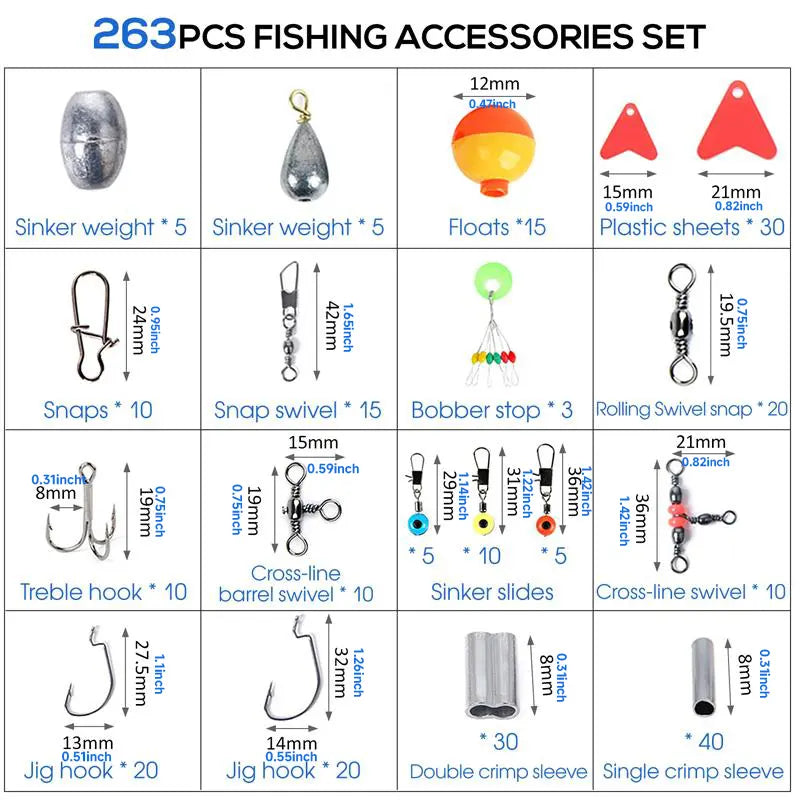 263-Piece Outdoor Fishing Accessories Set with Tackle Box - Includes Plier, Jig Hooks, Sinker Weights, Swivels, Snaps and Sinker Slides Kit