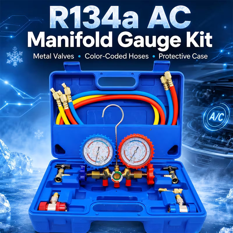 Air Conditioning Manifold Gauge Set – R134a/R12/R22/R404A, 3-Channel with Anti-Vibration Design