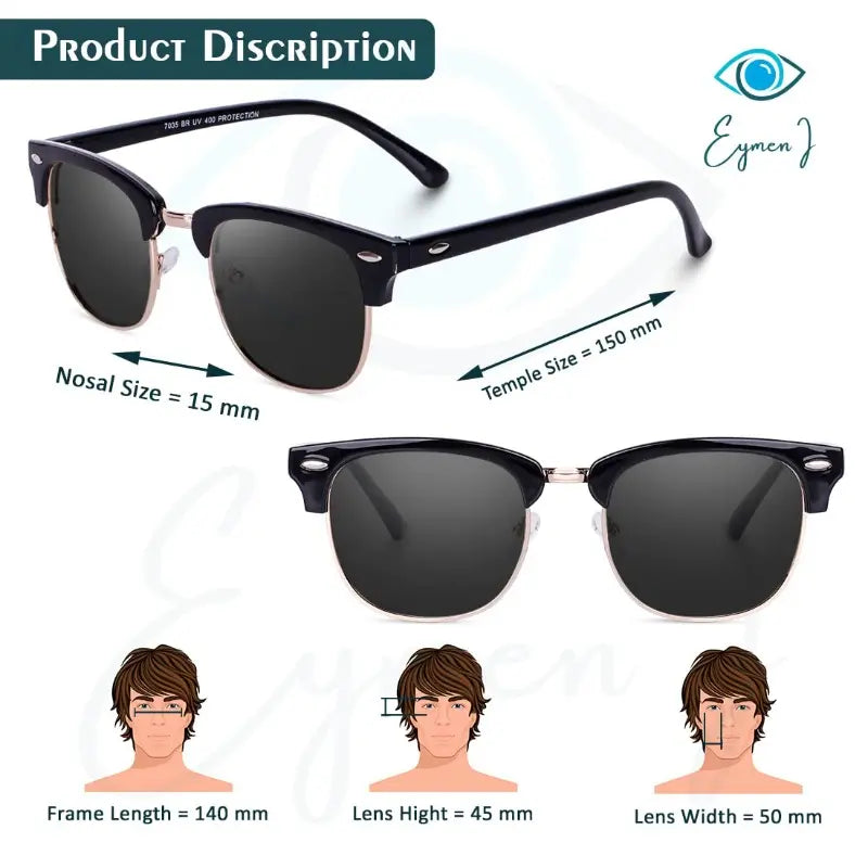 Semi-Rimless Classic Polarized UV400 Sunglasses - Black Gold Frame Gray Lenses for Men and Women Casual Driving