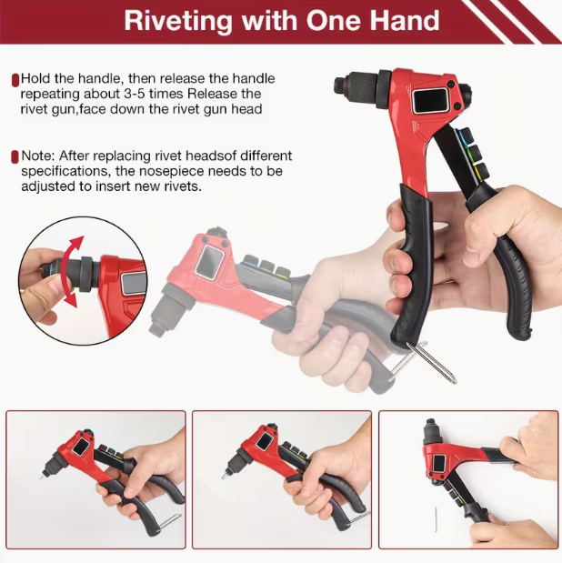 4-in-1 Manual Rivet Gun Set – 2.4-4.8mm, 4 Replaceable Heads, 80 Rivets Included, for Plastic, Metal & Leather, One-Hand Operation