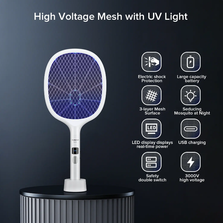 Rechargeable LED Bug Zapper, Indoor & Outdoor Electric Mosquito Swatter with Large Mesh, LED Display, Safe for Home Use