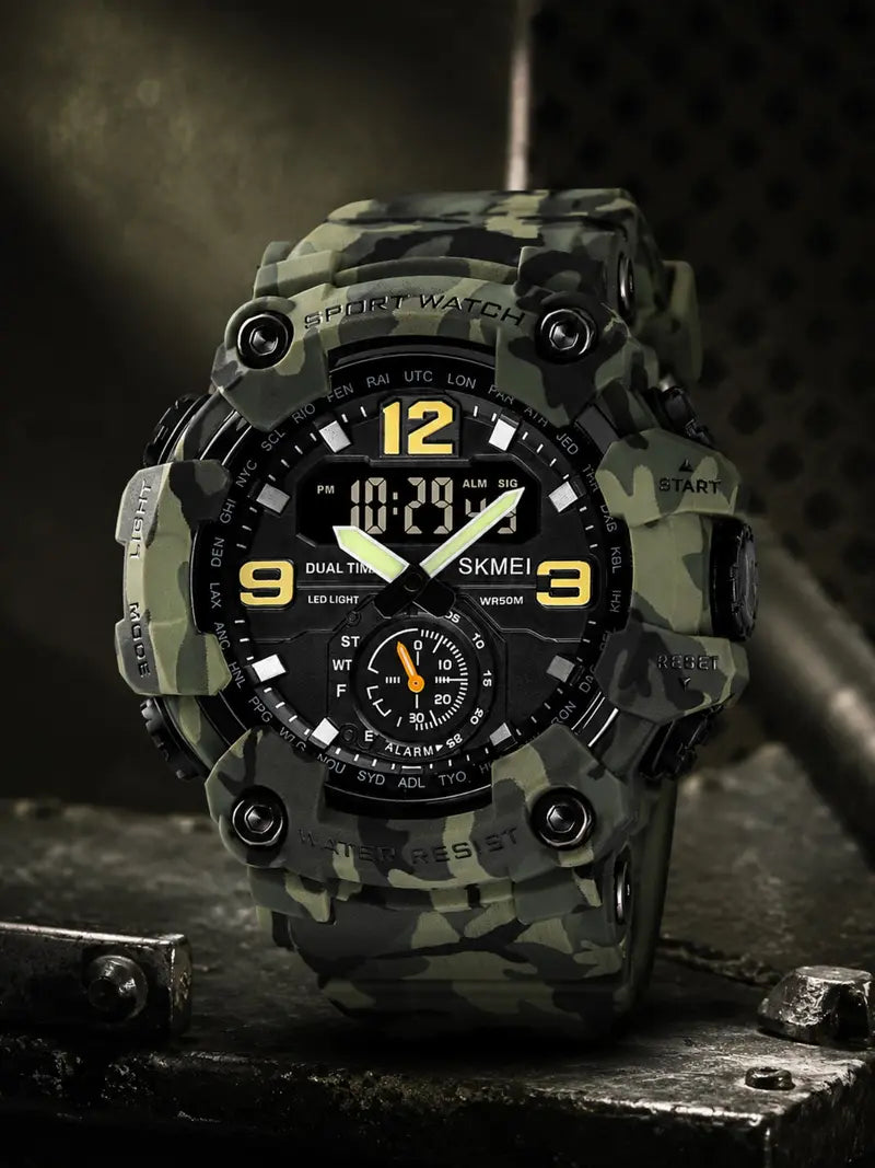 Men's Large Digital Sport Watch – Multifunction, 50m Waterproof, EL Backlight, Dual Time Zone, Resin Case & Silicone Strap, for Daily Wear & Outdoor Activities