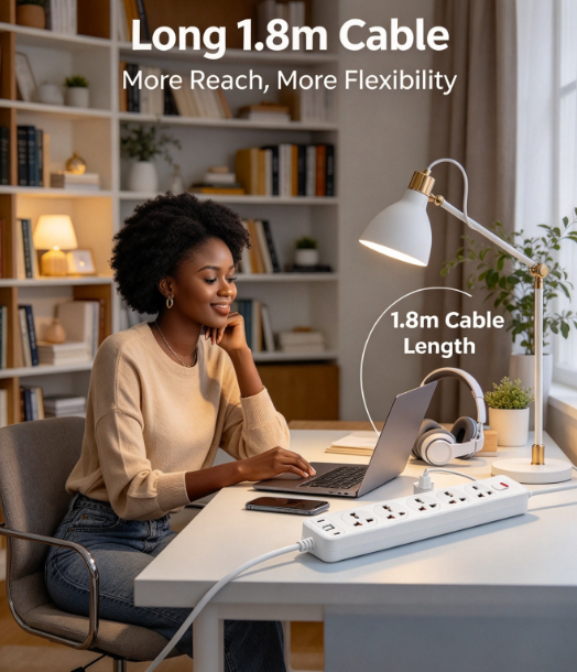 New Universal Power Strip with USB - 5 Sockets + 2 USB-A + 2 Type-C with Master Switch