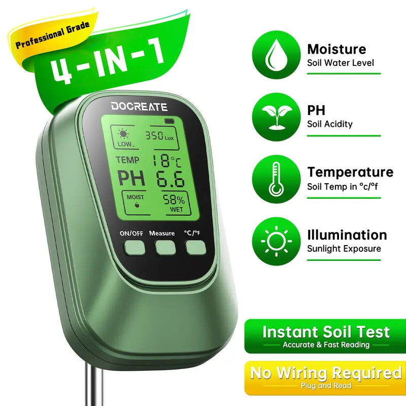 4-in-1 Soil Moisture-PH Tester - Sunlight & Temperature Monitor, No-Setup Easy-to-Use Garden Soil Test Kit for Indoor Plants, Supports Consistent Care, Prevents Growth Issues