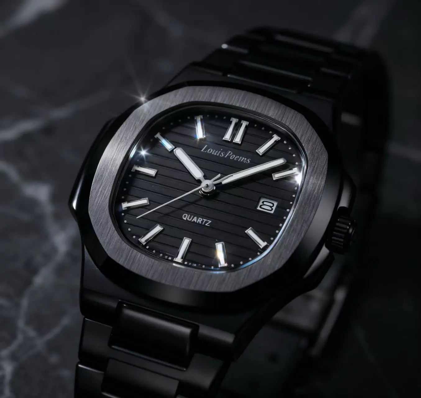 Louis Poems Nautilus Men's Business Fashion Watch - Pure Black Analog Quartz, Water Resistant, Elegant Wristwatch