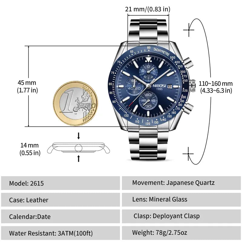 NIBOSI Men's Chronograph Quartz Watch – Sporty, Long-Lasting, Precision, Self-Luminous, Water-Resistant, Luminous Date Display, Stylish Casual Timepiece, Classic Elegant Gift for Men