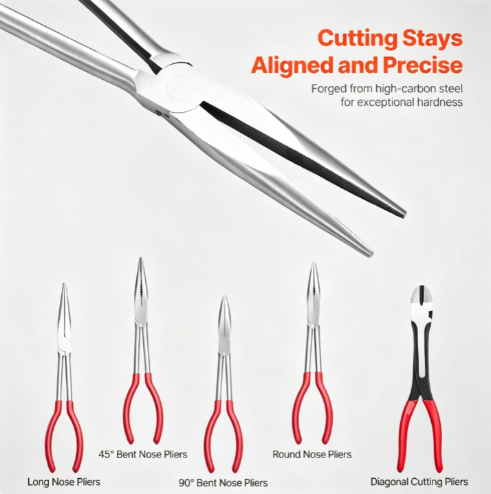5-Piece 11-Inch Needle Nose Pliers Set - Diagonal Cutting, 45°/90° Bent Nose, Round Nose, Long Nose with Storage Bag