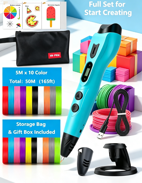 3DLNK 3D Printing Pen – No-Clog Nozzle, 10 Colors PLA Filament (50M), Storage Bag & Gift Box