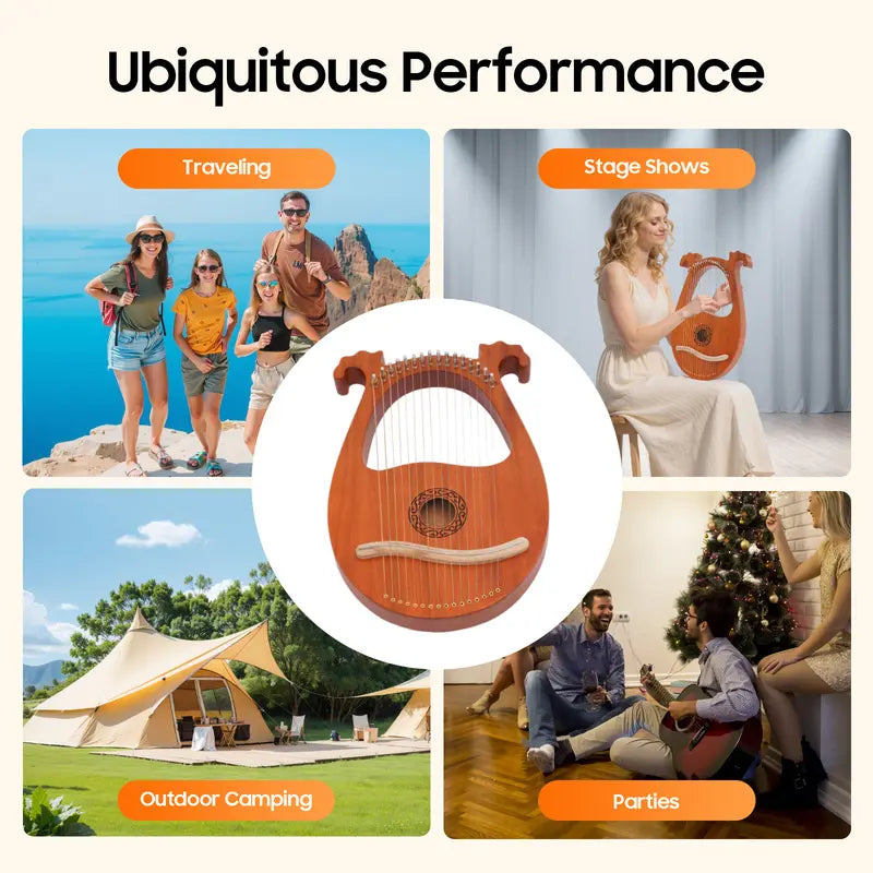 16-String Mahogany Wooden Harp Set 26x3.3x39cm - European Style with Tuner, Cloth and Accessories for Adults and Children