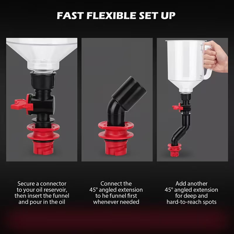 18Pcs Spill-Proof Oil Funnel Kit – 1.59 Qt Funnel with 12 Adapters & Magnetic Storage Hook Tray