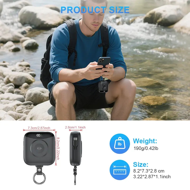 Cash on Delivery ✈ 10000 mAh Wireless Charging Portable USB Power Bank for Watches and Smartphones, Fast-Charging PD 20W with Dual Wires, LED Digital Display, 5 Outputs and Zinc Alloy Hanging Ring