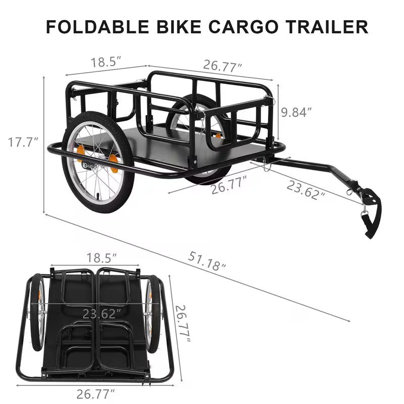 Foldable Bike Cargo Trailer with Universal Hitch - 16" Wheels and Reflectors, Large Loading Bicycle Wagon Storage Cart