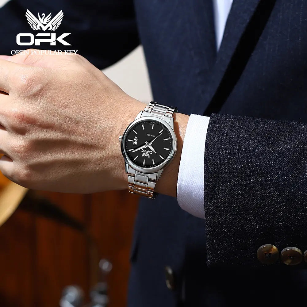OPK Men's Stainless Steel Quartz Watch - Water Resistant, Black and White Wristwatch