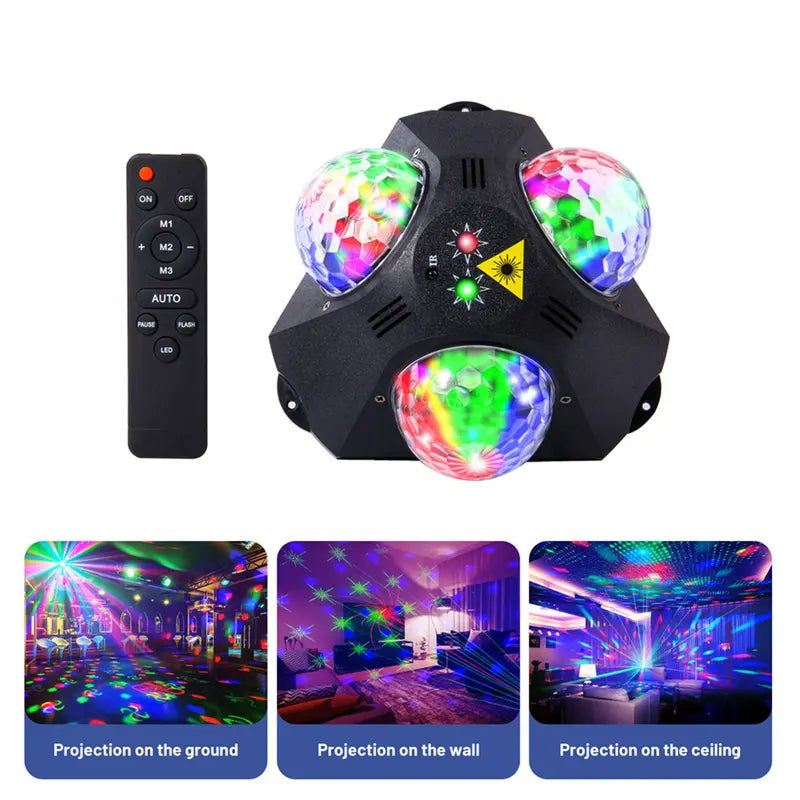 4-in-1 RGB Disco Party Light Kit - 3 RGB Units with Red and Green Pattern, Strobe and Laser Beam LEDs for Parties and Stage (Batteries Not Included)
