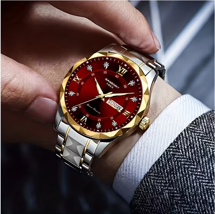 Unisex Stainless Steel Quartz Watch – Rhinestone & Roman Numeral Dial, Day/Date & Dual Display, Luminous, Waterproof, Trendy Fashion Watch