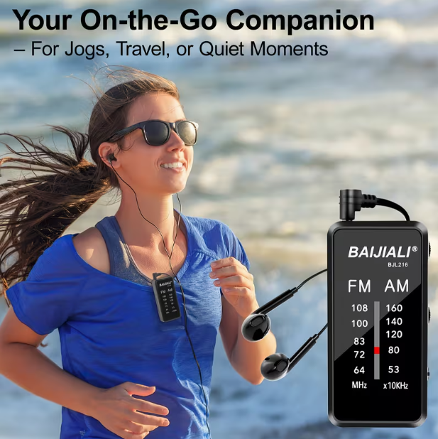 Compact Portable Global AM/FM Radio – 2 x AAA Batteries, 3.5mm Headphone Jack, Built-in Back Clip (Black)