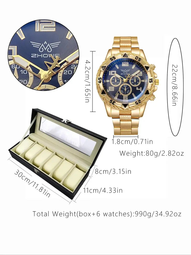6-Piece Men's Business Round Dial Analog Quartz Watch Set with Box - Fashionable Wristwatch Gift Set for Men, Casual and Formal Wear