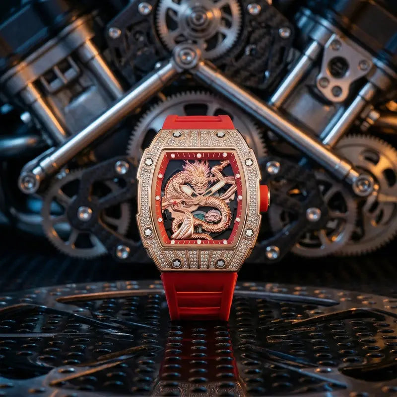 Men’s Gold Dragon Watch Series – Barrel-Shaped Luxury Embossed Design, Adorned with Rhinestones, 3D Gold Relief Patterns, Water-Resistant for Any Occasion