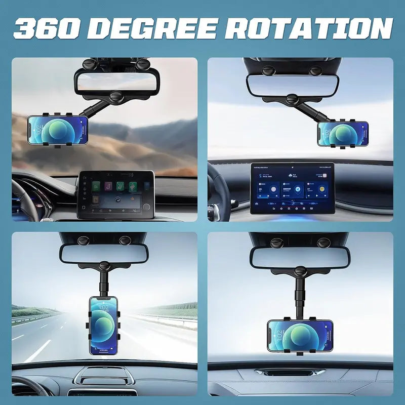 Car Phone Holder for Rearview Mirrors - 360° Rotatable and Retractable, Multifunctional Mobile Phone Mount for Any Vehicle