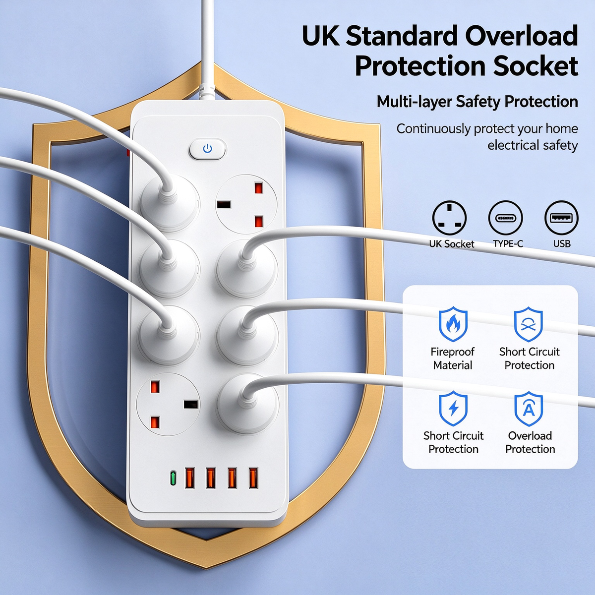 Multifunctional smart switch power strip with overload protection, UK standard, USB + Type-C charging ports