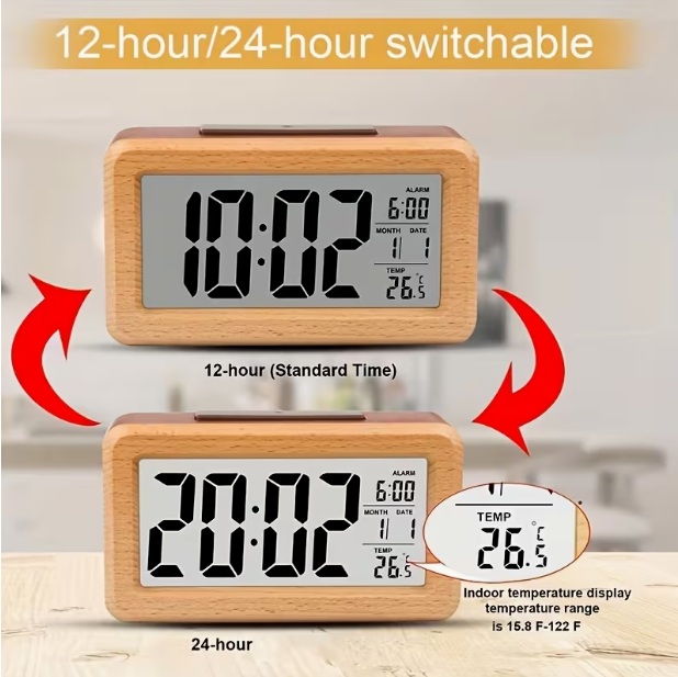Wooden Large LED Digital Alarm Clock – Smart Sensor Night Light, Snooze, Date & Temperature Display, 12/24-Hour Switchable