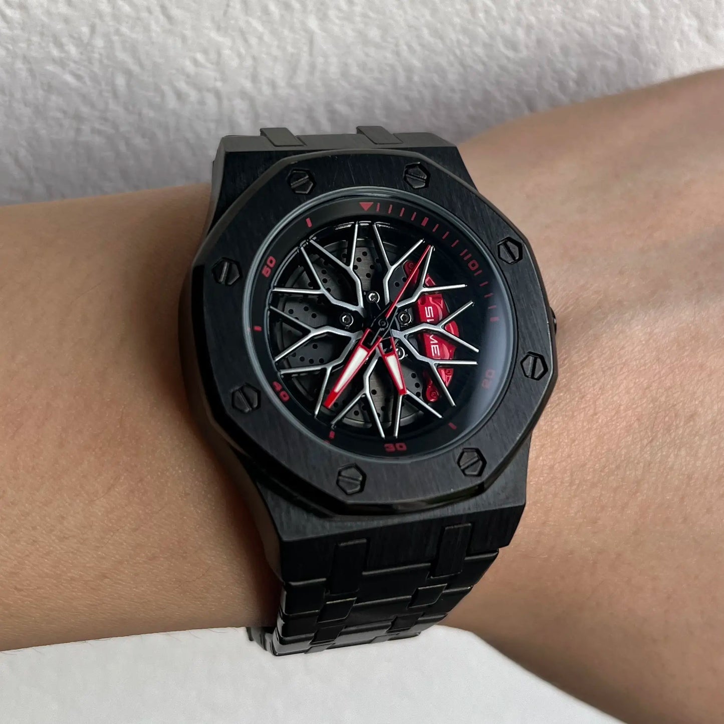 Men's Car Wheel Watch - Stainless Steel Spinning Rim Design, Japanese Quartz, Water Resistant for Car Enthusiasts