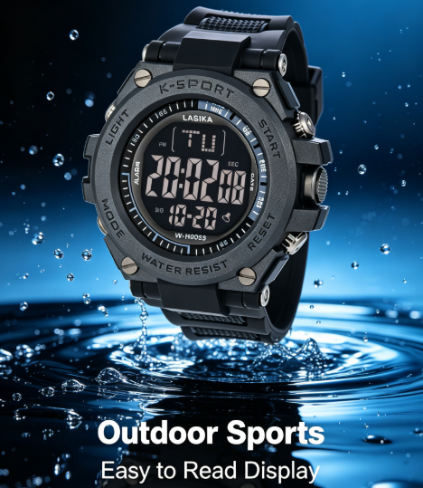 LASIKA Water Resistant Sports Digital Watch - Alarm, Rubber Strap, Black Dial, K-Sport Style for Men