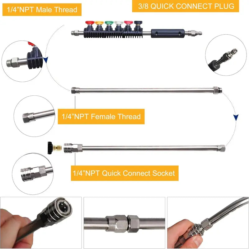 10-Piece Pressure Washer Extension Wand Set – 5 Atomization Nozzles, Curved Gutter Cleaner, 1/4" Quick Connect, 4000 PSI, Brass & Stainless Steel