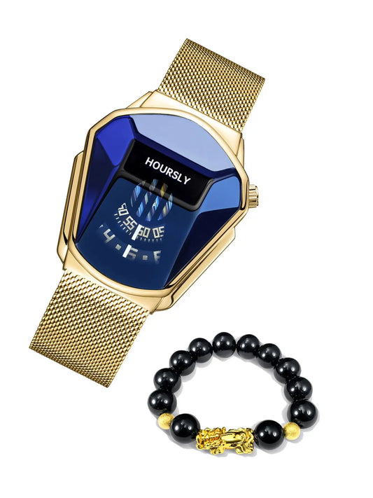 ⌚ Cash on Delivery 📿 Men‘s Business Quartz Watch & Beaded Bracelet Set – Quartz Precision Movement, Snake Head Blue Light Dial, Zinc Alloy Gold-Tone Steel Band, Pixiu Beaded Bracelet – Party Fashion, Daily Wear – Ideal Birthday Gift – Free Shipping