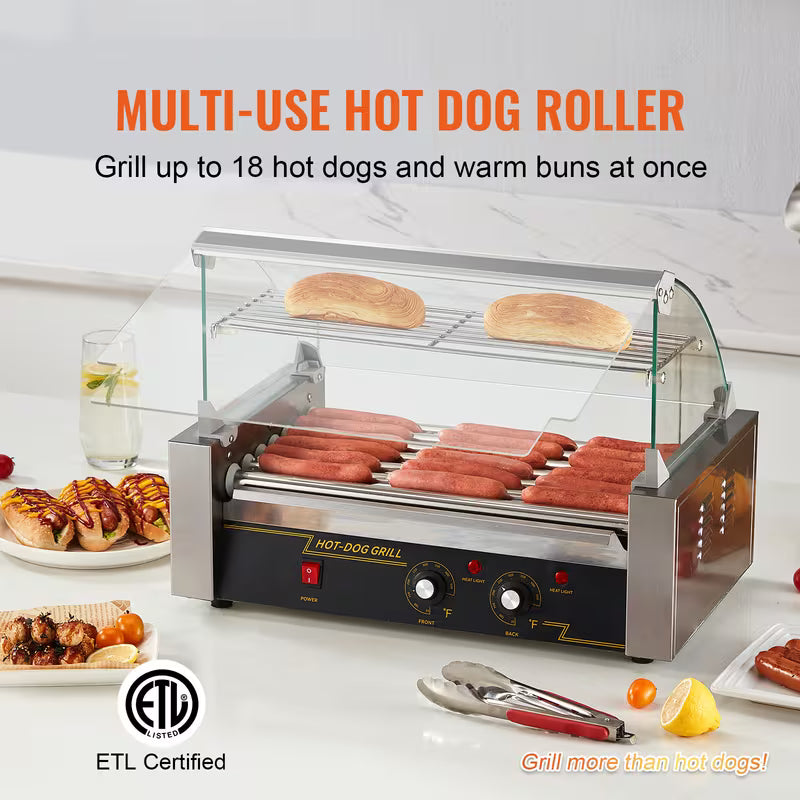 7-Roller Hot Dog Machine – 18 Hot Dogs, 1400W, Dual Temp Control with Bun Warmer & Glass Hood