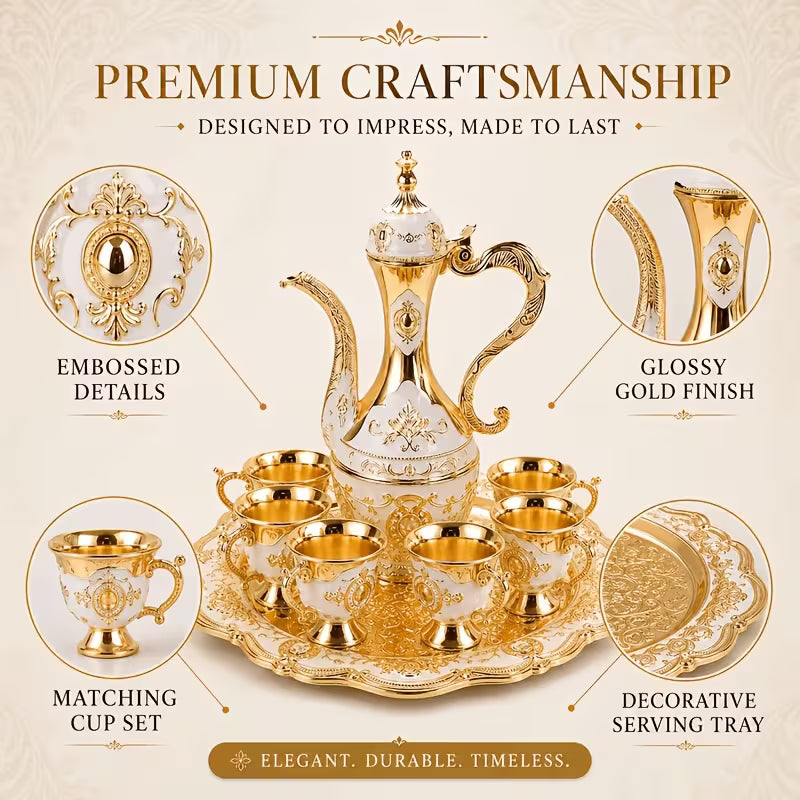 Zinc Alloy Golden Coffee and Tea Set - European Style with 6 Luxurious Cups, Teapot and Tray, Elegant Gift for Tea, Coffee and Cappuccino