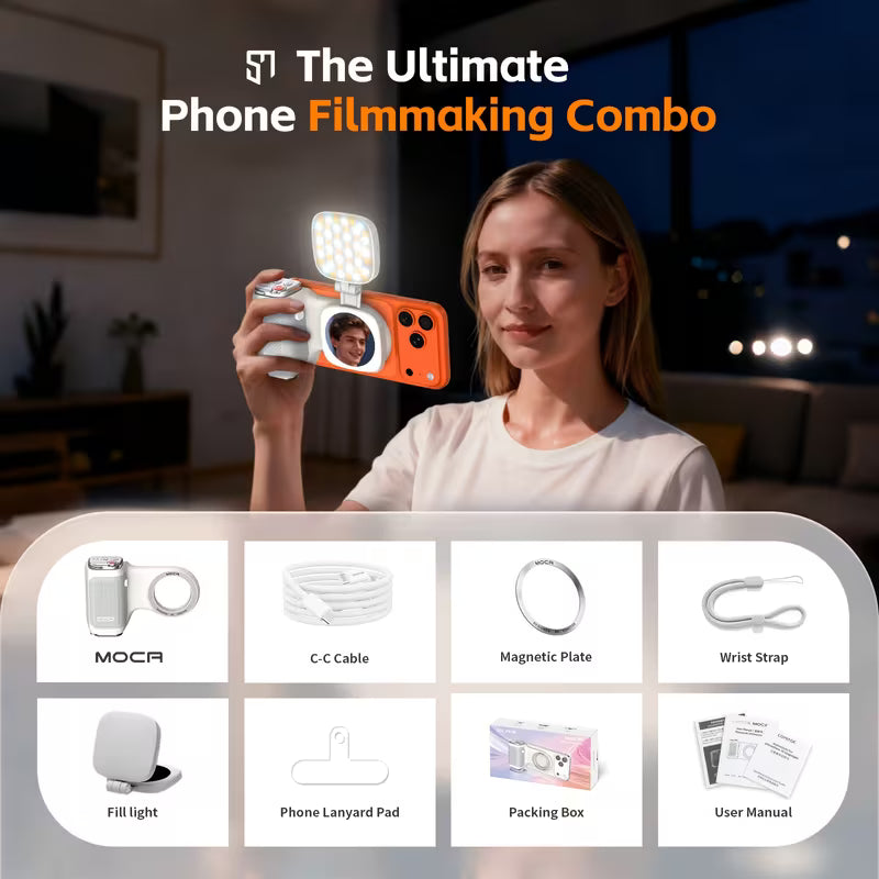 COMITOK MOCA Handheld Phone Grip – Mirror + LED Fill Light, One-Tap Camera, Rechargeable Remote for Creators
