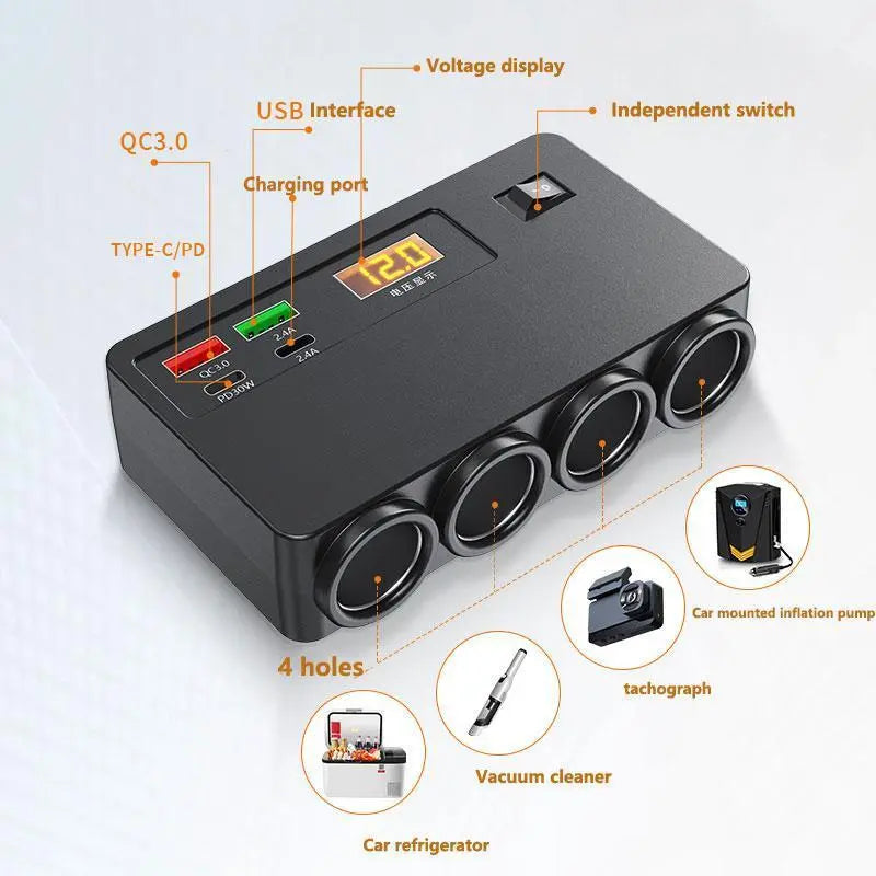 120W 4-Cigarette Lighter Adapter with PD/QC 3.0 - 12V/24V Charging Station, Independent Switches, Type-C DC Outlet Car Charger for All Devices