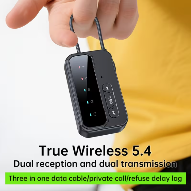 Bluetooth 5.4 Intelligent Audio Adapter – 2-in-1 Transmitter & Receiver, Type-C, Long Battery Life, LED Display, Low Latency, Dual Device Connection, 3-in-1 Data Cable, Grooved Handle, Ultra-Portable