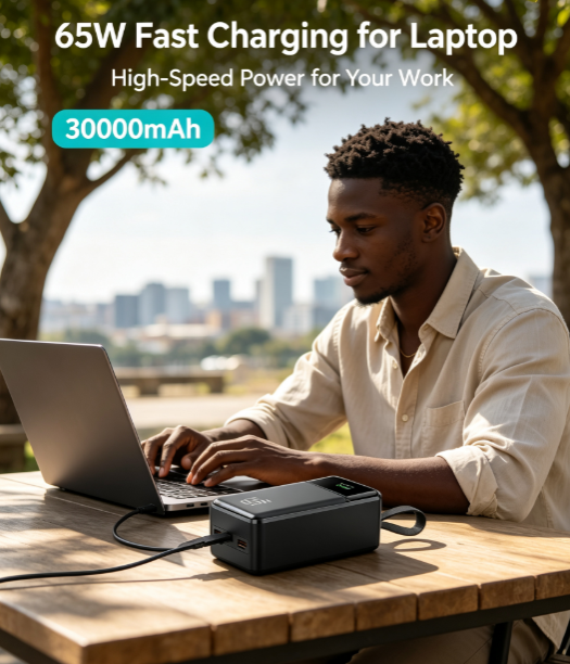 30000mAh Laptop Power Bank - 65W PD Fast Charging High Power Portable Charger