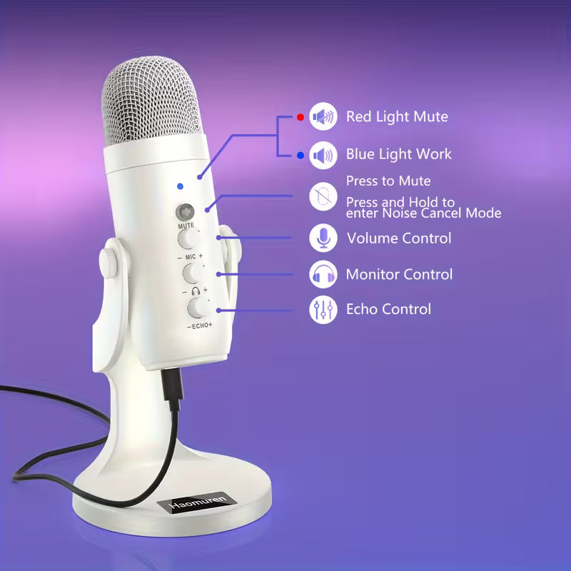 USB Condenser Microphone – Plug & Play with Type-C, Headphone Out, Gain & Mute Control for Streaming