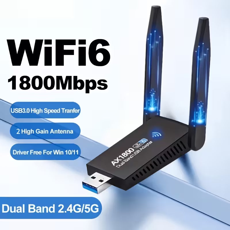 WiFi6 USB Adapter – 1800Mbps Dual-Band, 5.8G/2.4G, Plug-and-Play for Desktop & Laptop (Windows 10/11)