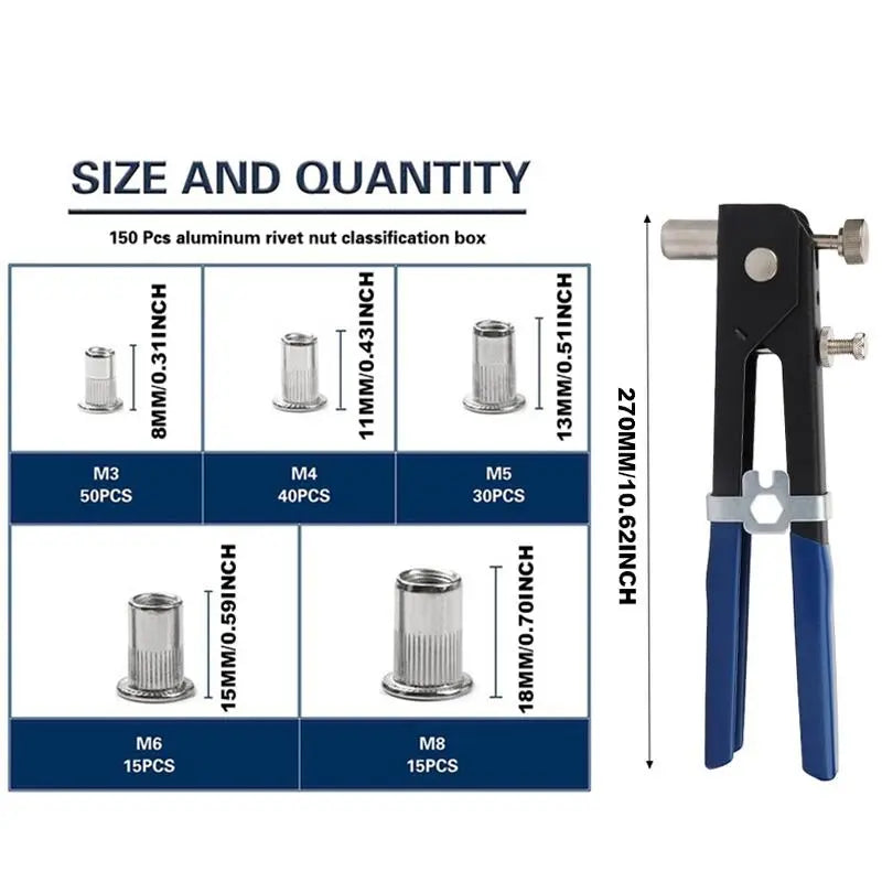 Portable Rivet Nut Tool Kit – Heavy Duty 150-Piece Set with M3-M8 Mandrels, Industrial Rivet Gun & Flathead Screw Nut Riveter, Includes Tool Box